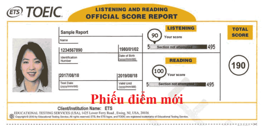 Phiếu điểm toeic mới format mới