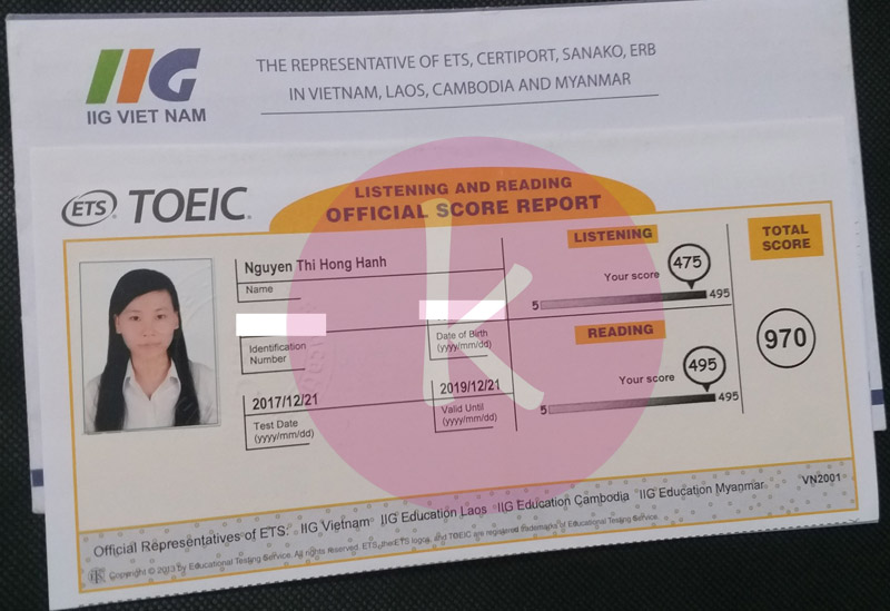 Bảng điểm thi TOEIC Ms. Hạnh