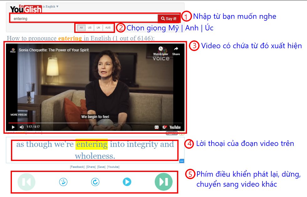 Sử dụng youglish để luyện phát âm, luyện nghe toeic